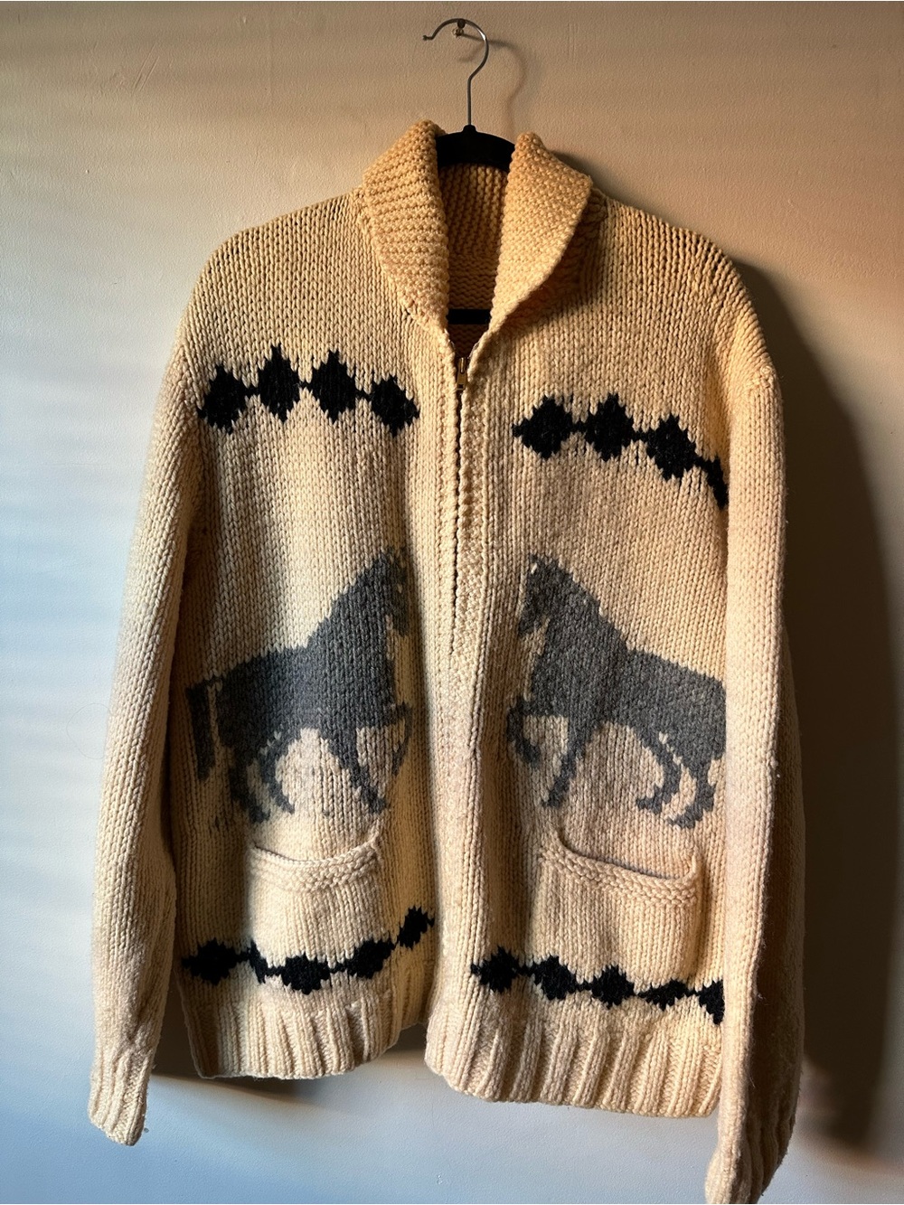 Vintage Mid Century Wool Horse Sweater Full Zip Equestrian Talon Zipper